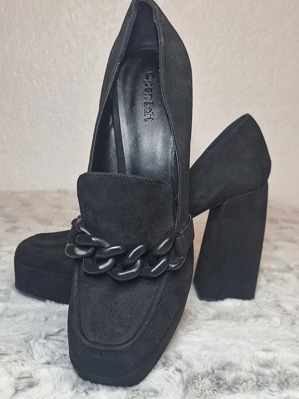 Open Edit Chunky Black Suede Platform Heels Chain Detail